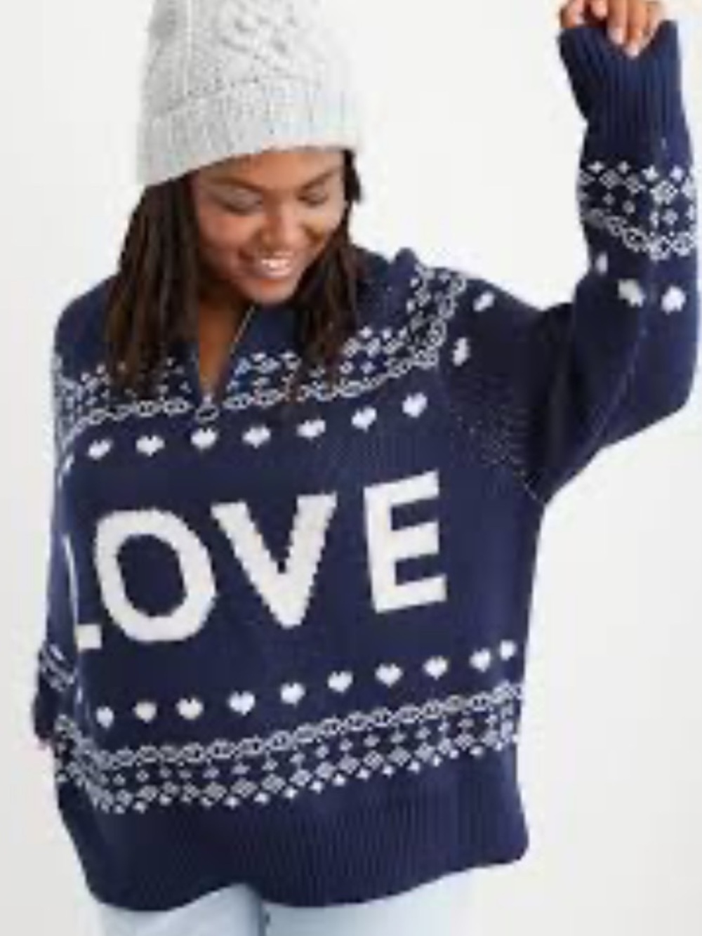 Aerie festive feels LOVE fair isle navy oversized quarter zip sweater sz s